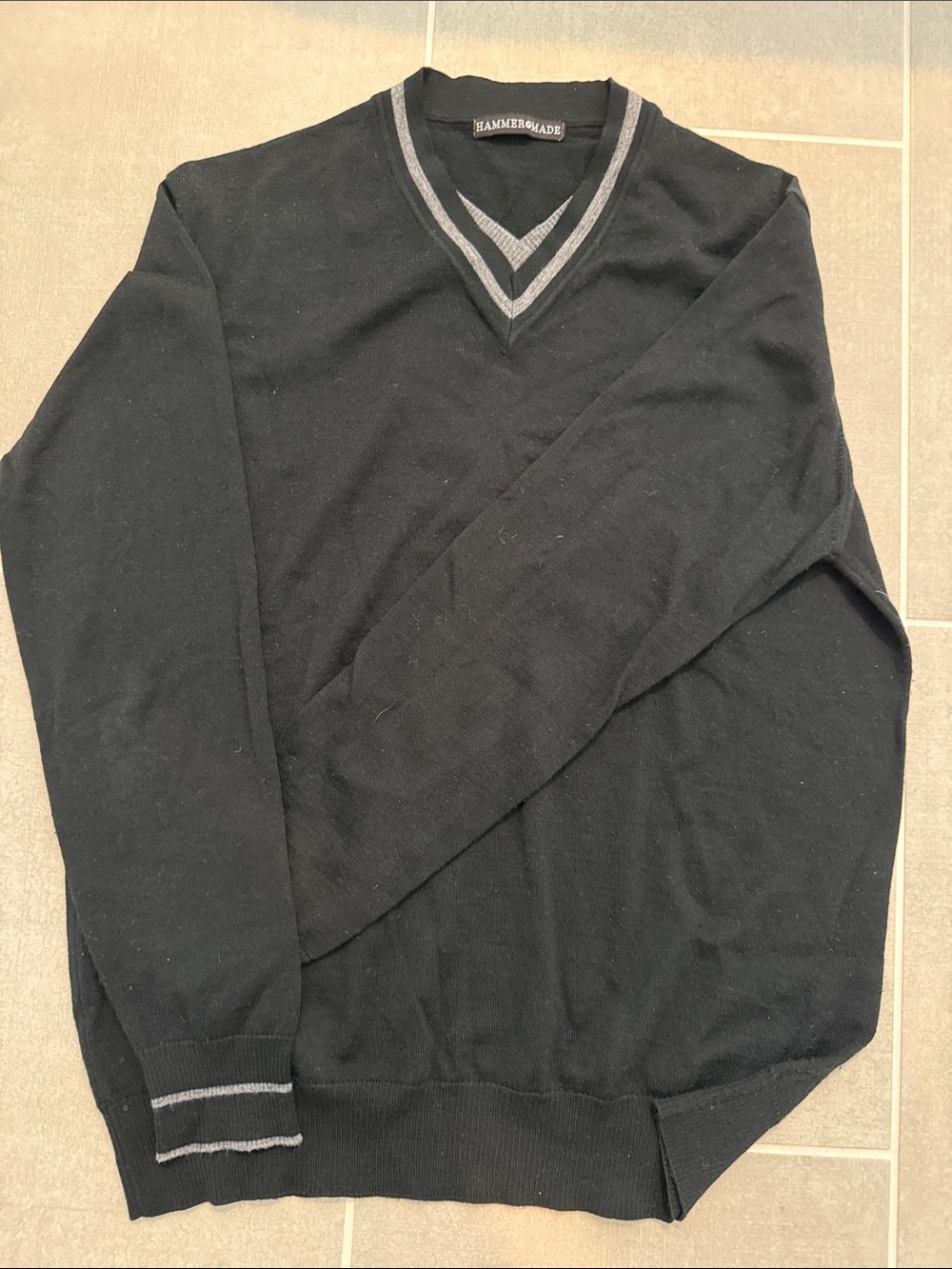 Men's Black V-Neck Sweater with Gray Stripe Trim